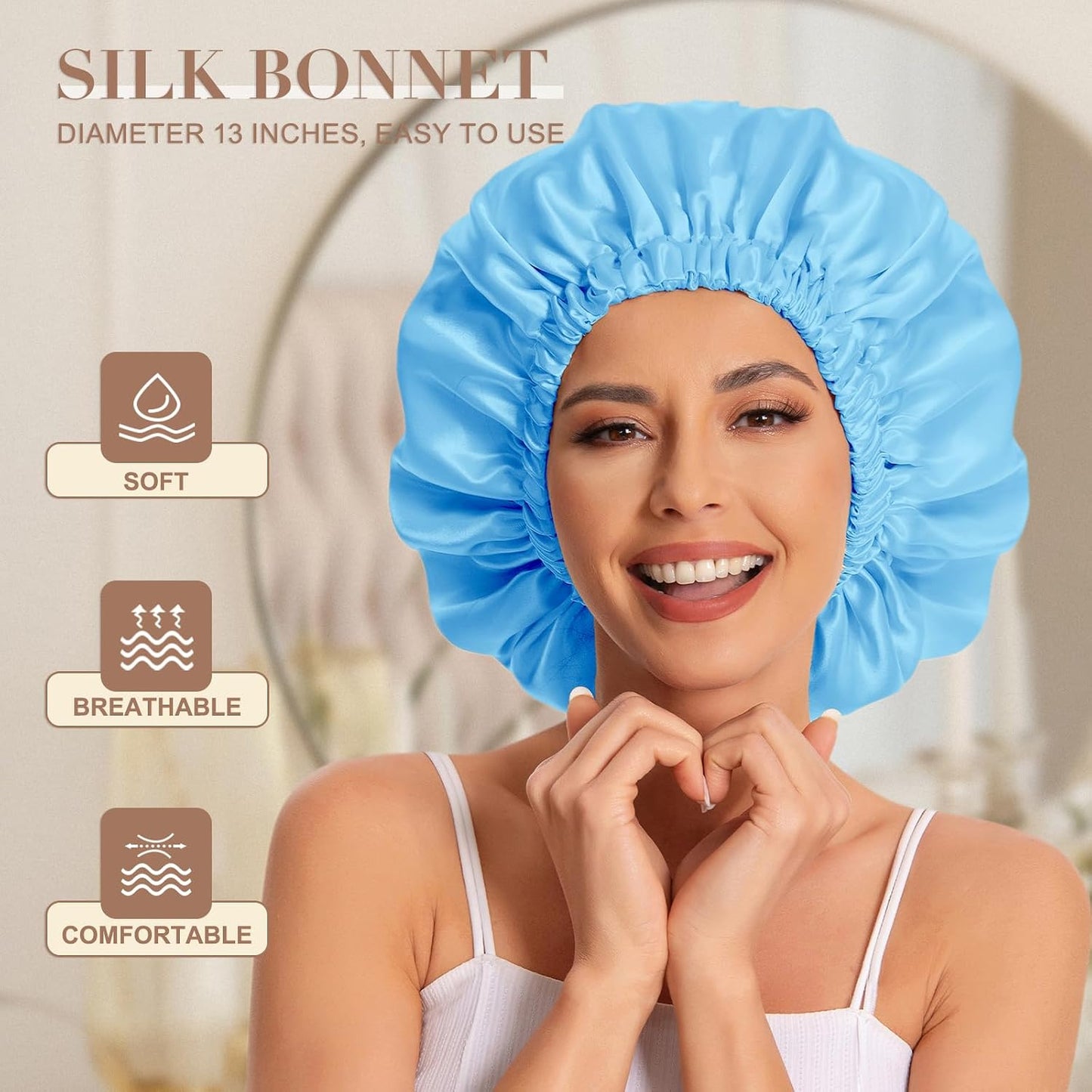 Satin Bonnet Silk Bonnet Hair Bonnet for Sleeping-Slouchy Beanie Hat Satin Sleep Cap for Women's Natural & Curly Hair(Blue Zircon)
