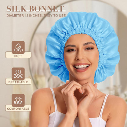 Satin Bonnet Silk Bonnet Hair Bonnet for Sleeping-Slouchy Beanie Hat Satin Sleep Cap for Women's Natural & Curly Hair(Blue Zircon)
