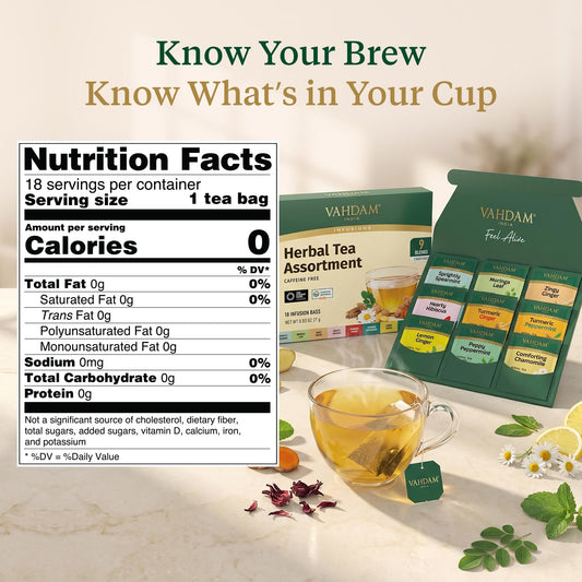 VAHDAM, Assorted Herbal Tea Sampler (18 Tea Bags, 9 Flavors) Caffeine-Free, Non-GMO | Delightful Natural Flavours, Individually Wrapped Tea Bags | Herbal Tea Assortment