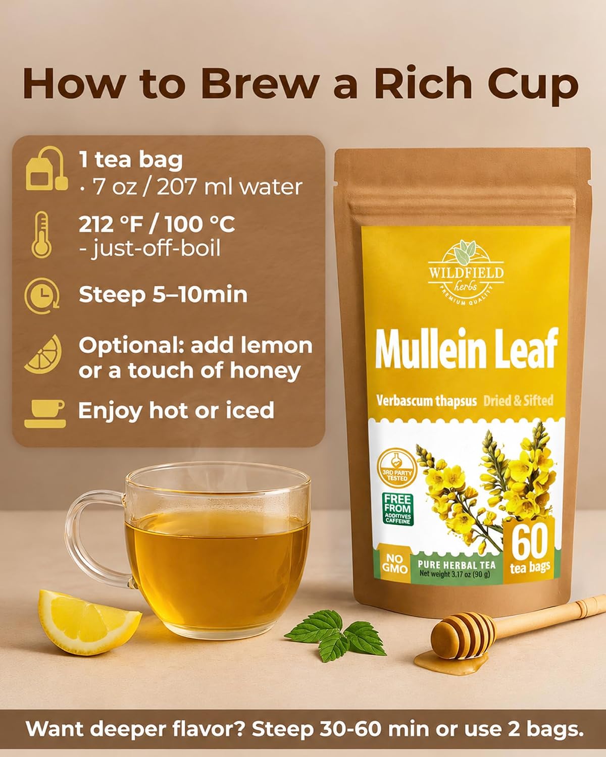 60 Bags Mullein Leaf Tea (Verbáscum L.) - 60 Count 2g Bags Mullen Leaves Mullein Mulungu Hoja De Gordolobo