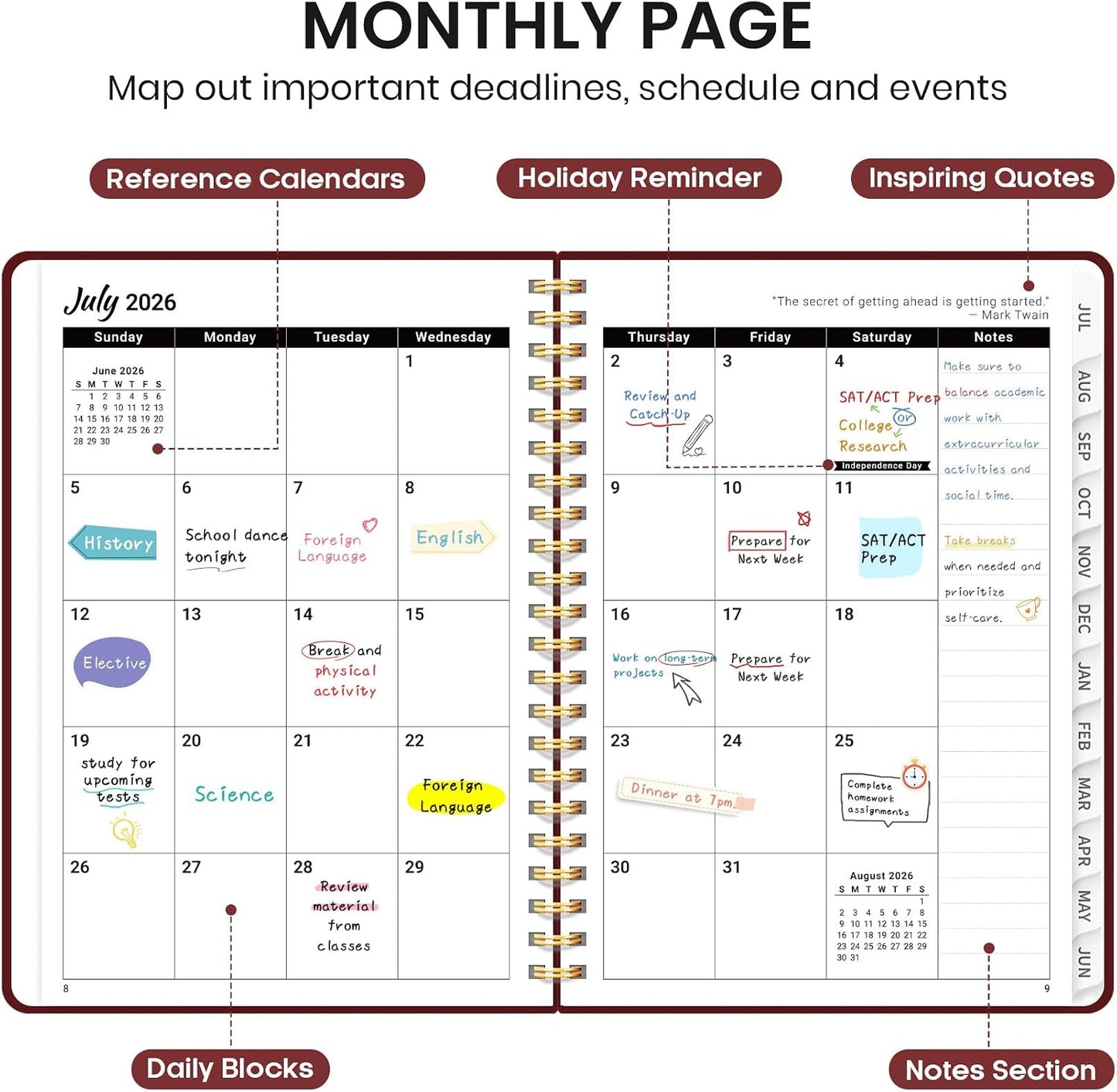 Planner 2026-2027 for Women & Men, Academic Monthly and Weekly Calendar Planner, Jul 2026 - Jun 2027, A5 (6.3" x 8.5"), Teacher Student Planning Book with Tabs, Ideal for Office School Supplies - Pink