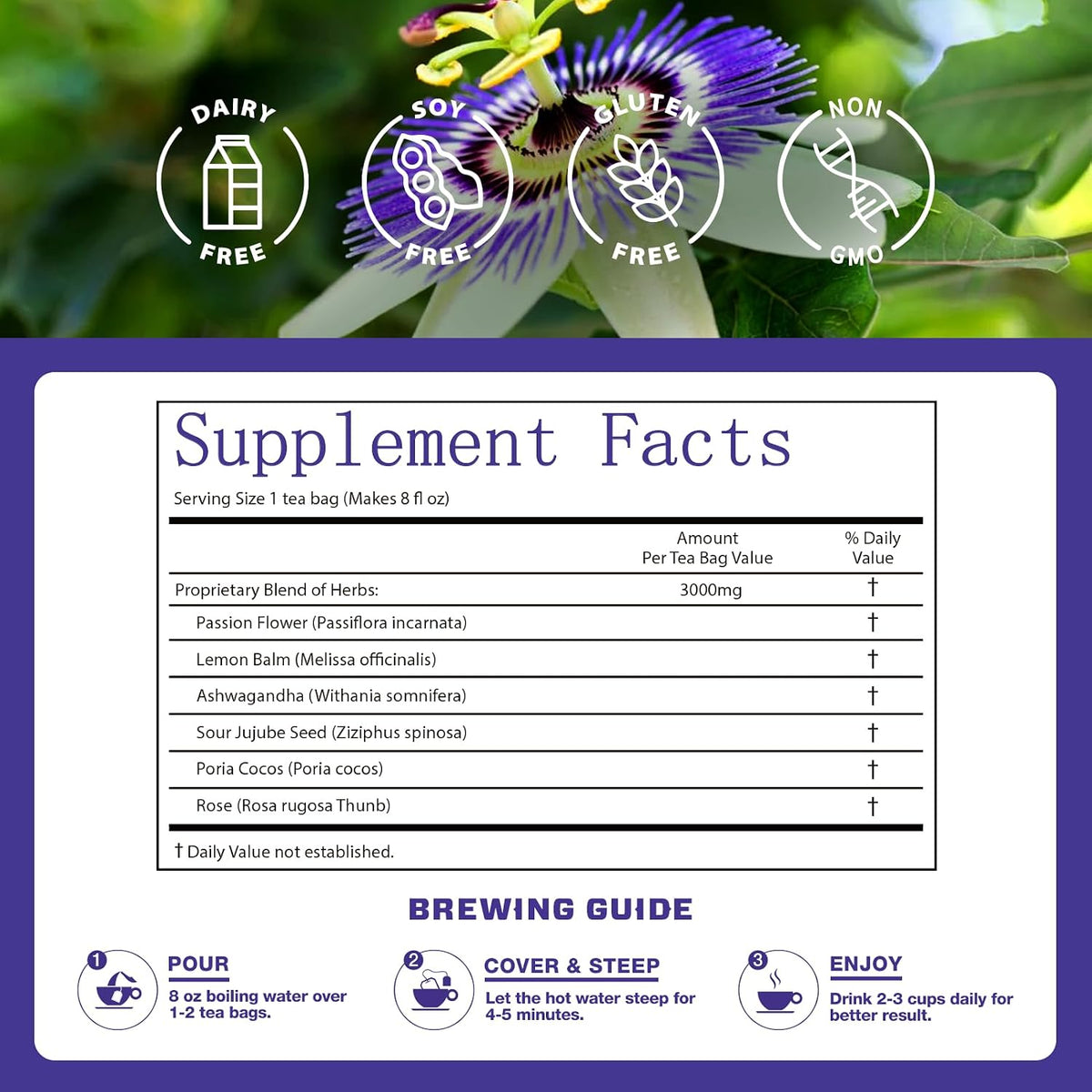 VailHerbTea Passion Flower Tea Bags for Relaxation & Sleep Support, 6-in-1 Herbal Tea w/Lemon Balm Ashwagandha - Caffeine Free - 50 Count