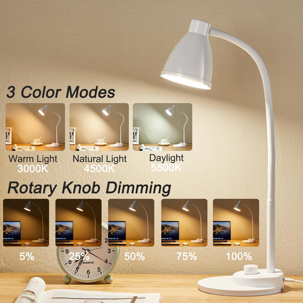 BOHON LED Desk Lamp with USB Charging Port 3 Color Modes Dimmable, Black