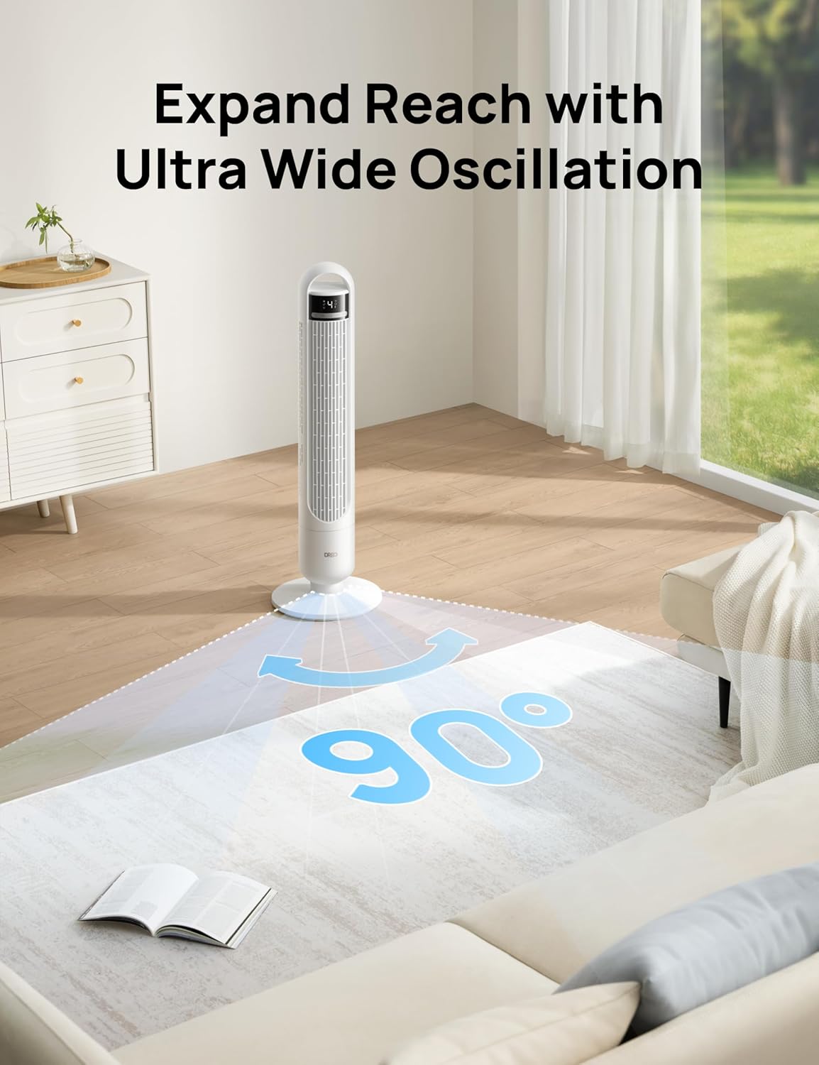 DREO Tower Fan for Bedroom, 90° Oscillating Standing Fans for Room with 4 Speeds, 3 Modes, 28dB Quiet for Sleep, 26ft/s Velocity, 8H Timer, Remote, Living Room, Office, Home, Black