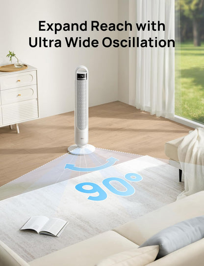 DREO Tower Fan for Bedroom, 90° Oscillating Standing Fans for Room with 4 Speeds, 3 Modes, 28dB Quiet for Sleep, 26ft/s Velocity, 8H Timer, Remote, Living Room, Office, Home, Black