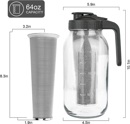 Cold Brew Coffee Maker,64 oz Mason Jar Pitcher with Stainless Steel Filter, Pour Spout Handle Lid, Heavy Duty Glass Airtight & Leak-Proof for Iced Coffee,Tea & Lemonade