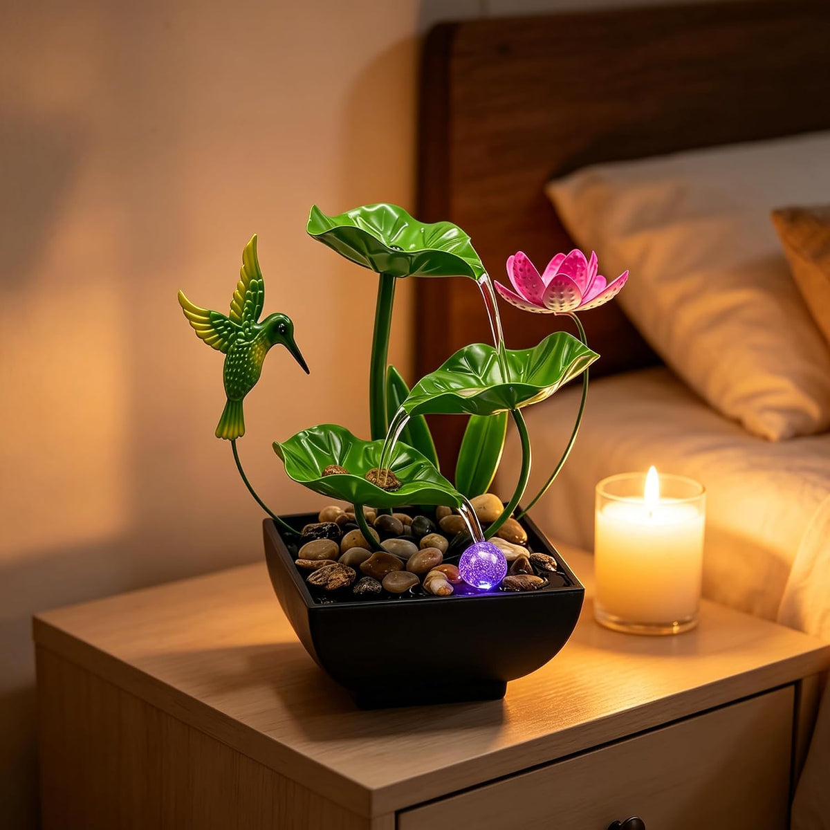 Tabletop Fountain,Indoor Water Fountain,Home Fengshui Décor Zen Relaxation Soothing Sound Machine for Office,Living Room,or Bedroom,Green Lotus,Hummingbird & Pink Flower,9.1inch