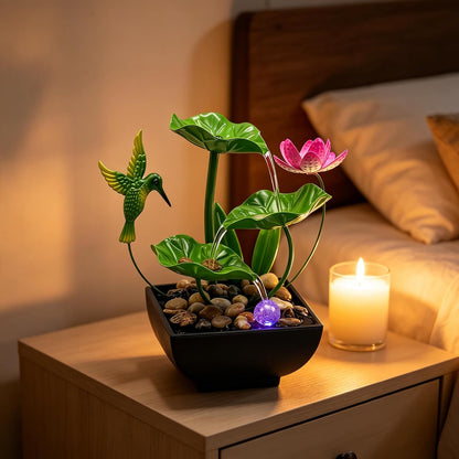 Tabletop Fountain,Indoor Water Fountain,Home Fengshui Décor Zen Relaxation Soothing Sound Machine for Office,Living Room,or Bedroom,Green Lotus,Hummingbird & Pink Flower,9.1inch