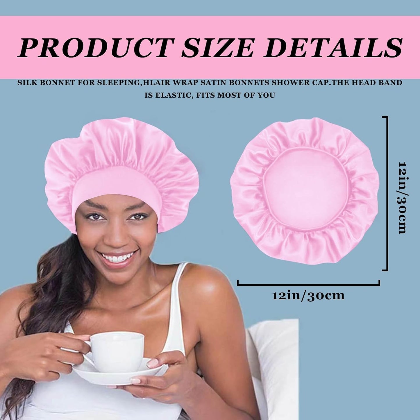 4PCS Silk Satin Bonnets for Black Women & Men - Elastic Wide Band Hair Wrap Cap for Curly Hair - Shower Cap for Sleeping (Black, Peacock Blue, Pink, Khaki)