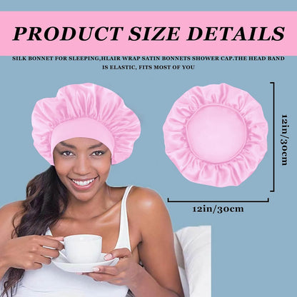 4PCS Silk Satin Bonnets for Black Women & Men - Elastic Wide Band Hair Wrap Cap for Curly Hair - Shower Cap for Sleeping (Black, Peacock Blue, Pink, Khaki)