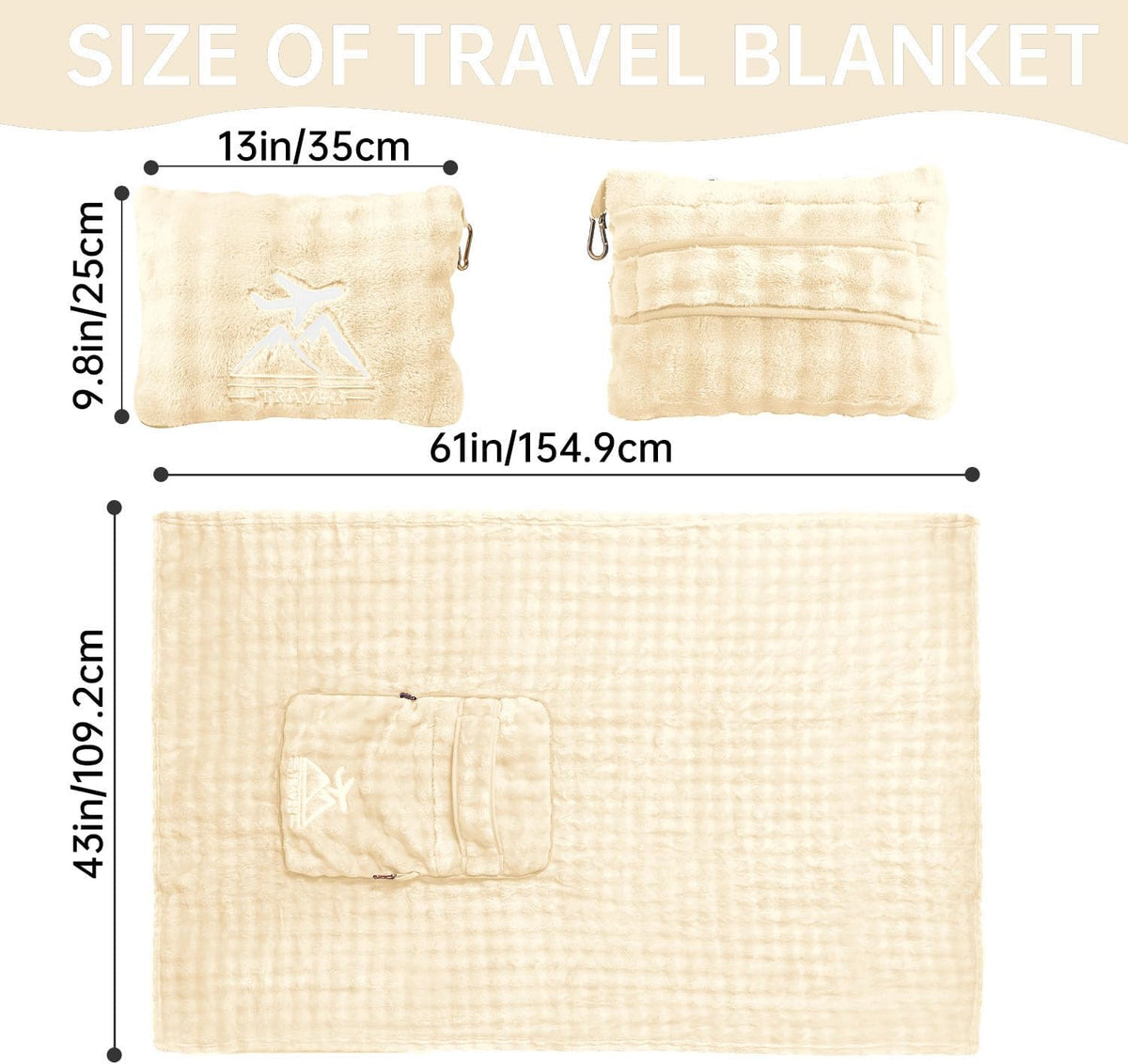 Travel Blanket and Pillow-2-in-1, Ultra-Soft&Compact, One-Piece Airplane Blanket with Hand Luggage Belt and Backpack Clip,Travelers Accessories Gifts, 61x43 Inches (Blue)