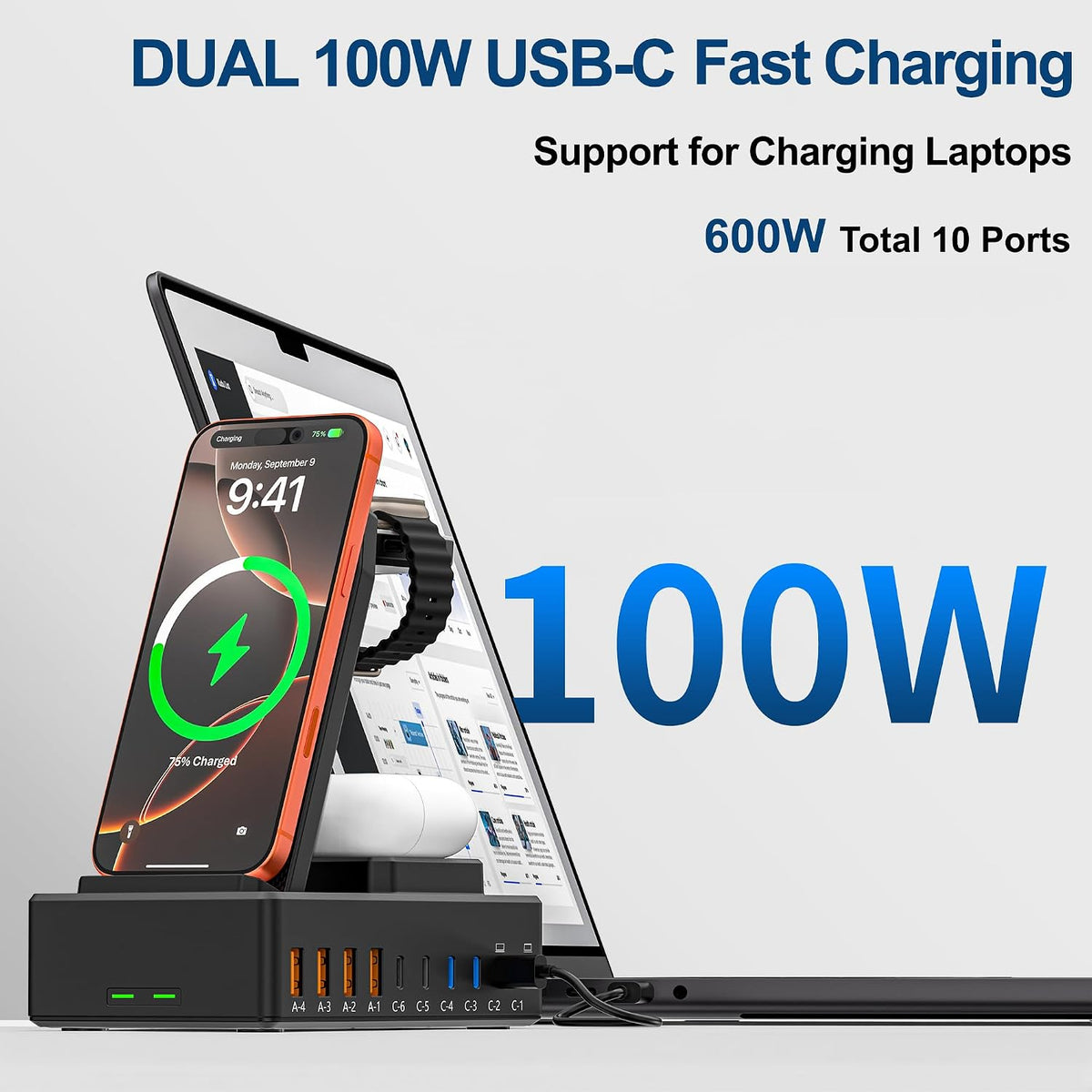 600W Charging Station for Multiple Devices Apple, Wireless Charger