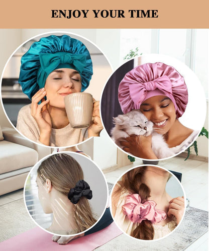 2+3 Large Satin Bonnets with Scrunchies for Women, Hair Bonnet Sleeping Tie Bonnet for Braids Curly Hair