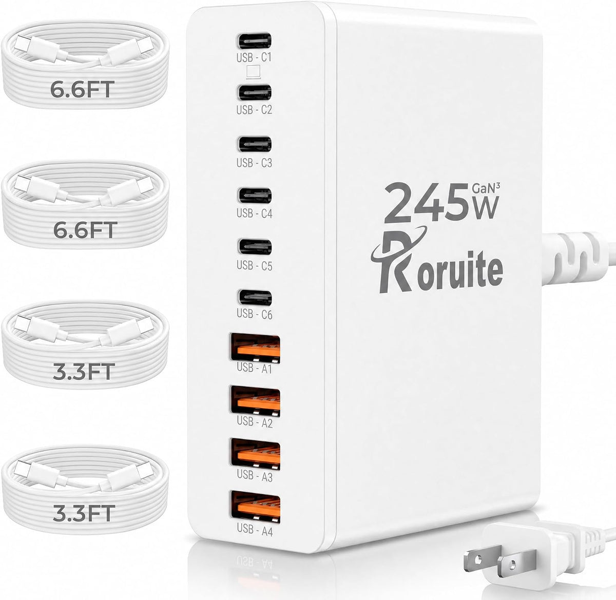 USB C Charging Station 10 Port with 4 Cables,245W GaN Charger Block