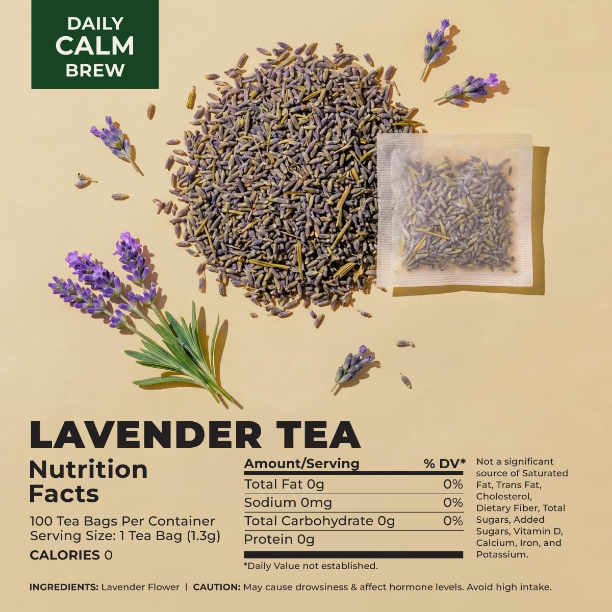 Lavender Tea Bags 100 Count - 100% Natural Caffeine Free Herbal Tea