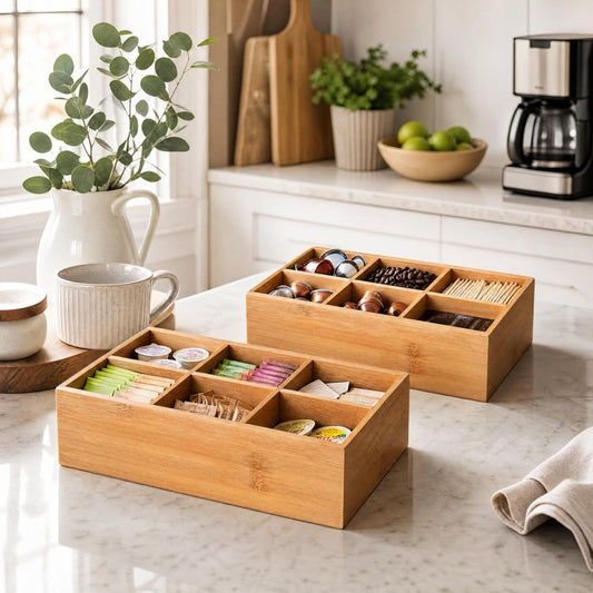 Dicunoy 2 Pack Bamboo Tea Bag Organizers, Wood Tea Bag Storage for Drawers with 6 Roomy Compartments, Sturdy Tea Chest Boxes for Shelf, Coffee Station, Sugar Packet, Sweeteners, Small Packets