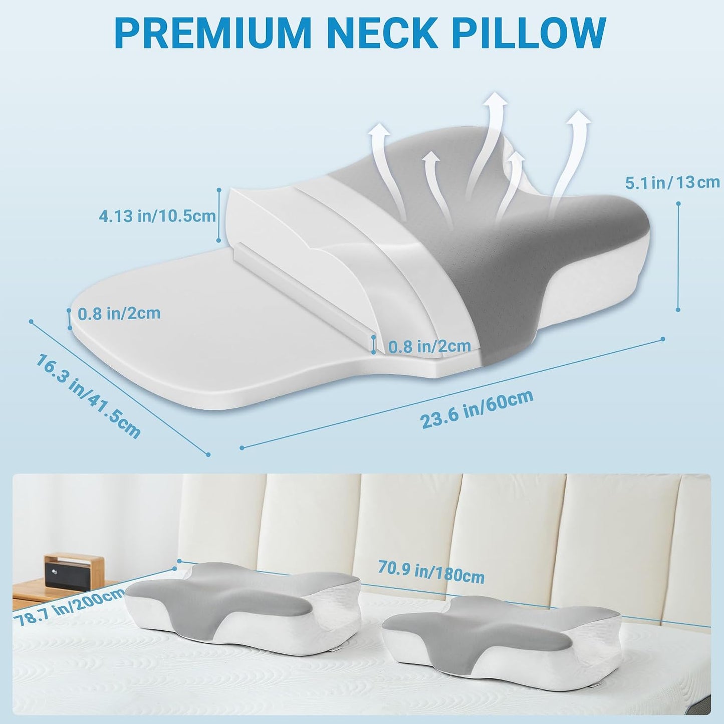 Elviros Cervical Neck Pillow for Neck Pain Relief, CPAP Pillow for Side, Back & Stomach Sleepers, Ergonomic Orthopedic Pillow for CPAP Users to Reduce Air Leaks and Mask Pressure, Dark Grey