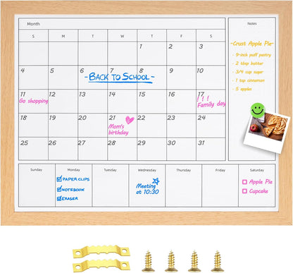 3-in-1 Dry Erase Calendar for Wall, Magnetic Surface Calendar Whiteboard | 17x13 inches Monthly & Weekly Planner Whiteboard, Dry Erase Board with Black Wood Frame, Magnetic Calendar for Classroom
