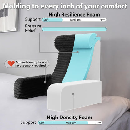 ENITYA 22" XL Back Pillow for Bed Sitting Up, Reading Pillow with Armrests & Big Pockets, Soft Back Support Chair, Ideal for Watching TV, Gaming, Nursing, Resting, Post Surgery, Dark Grey