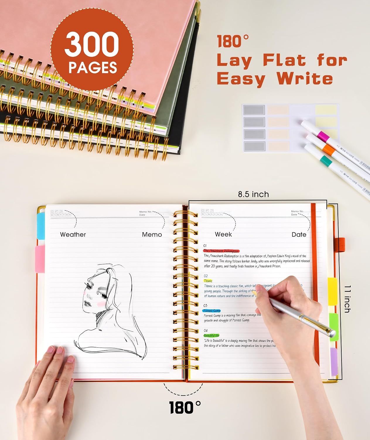 Hardcover Spiral Notebook journal with Removable Dividers Tabs, 300 Pages Leather 5 Subject Notebook College Ruled, 8"x10" Large B5 Notebooks for Work School Note taking, Lined Journal for Women,Black