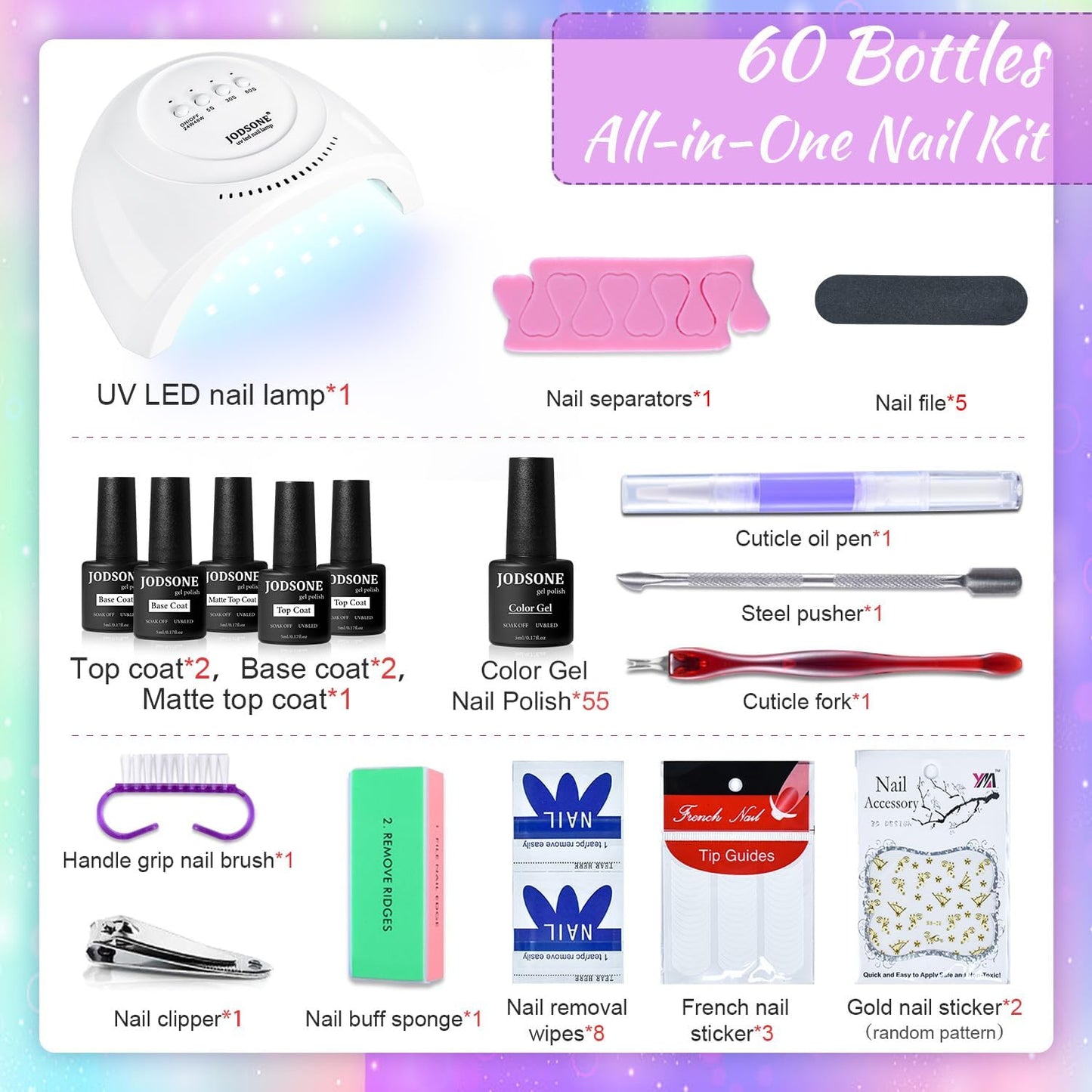 JODSONE Gel Nail Polish Kit 60 PCS with U V Light Soak off Base Top Coat 55 Shine Colors Gel Nail Kit Bright and Dark Brown Wine Red Series Manicure Set for Women and Girls