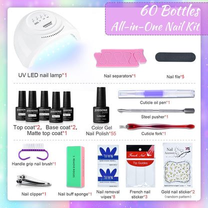 JODSONE Gel Nail Polish Kit 60 PCS with U V Light Soak off Base Top Coat 55 Shine Colors Gel Nail Kit Bright and Dark Brown Wine Red Series Manicure Set for Women and Girls