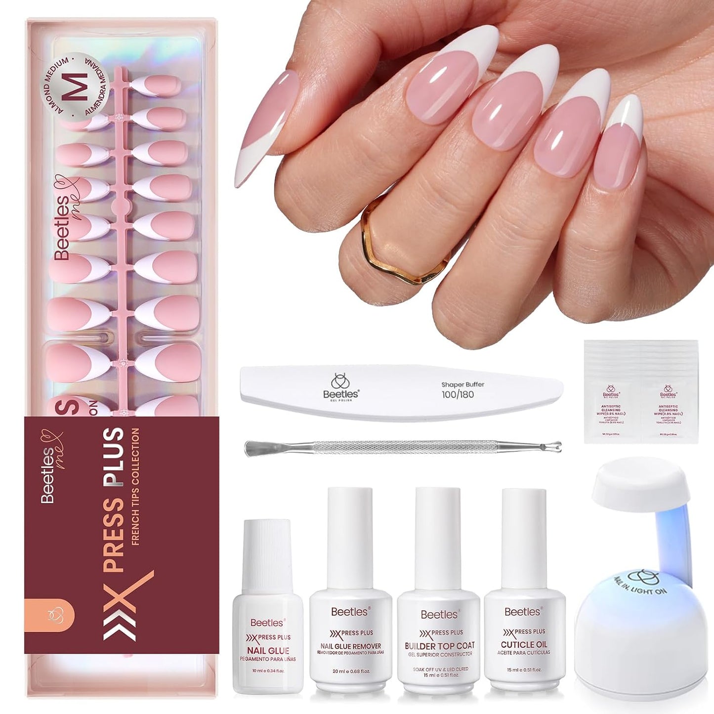 Beetles Press On Nail Kit-Short Square French Tip Press On Nails, 150Pcs Pink French Nail Tips with Nail Glue & Remover Builder Top Coat Nail Lamp, All-in-One DIY Fake Nails Gift for Women
