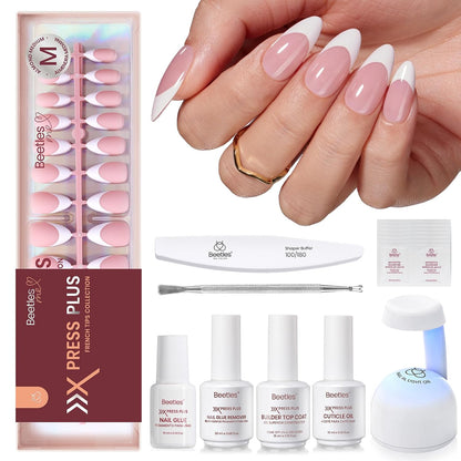 Beetles Press On Nail Kit-Short Square French Tip Press On Nails, 150Pcs Pink French Nail Tips with Nail Glue & Remover Builder Top Coat Nail Lamp, All-in-One DIY Fake Nails Gift for Women