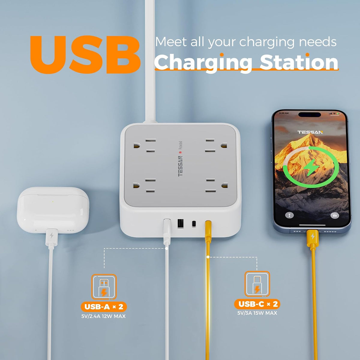 TESSAN Surge Protector Power Strip with 900J Surge Protection, 5 Ft, Grey