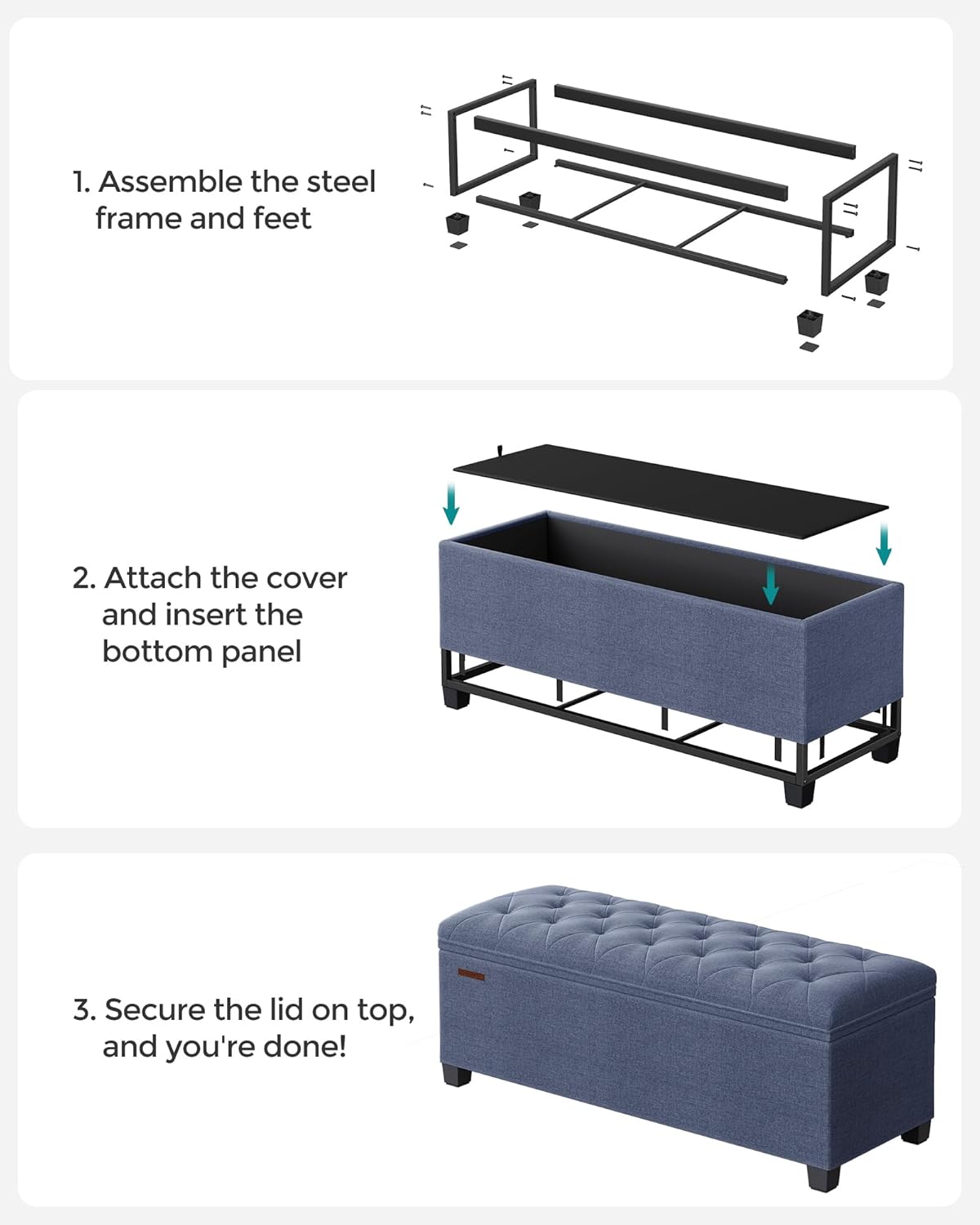 SONGMICS Storage Ottoman Bench, Foot Rest with Legs, 15.7 x 43.3 x 15.7 Inches, End of Bed Bench, Storage Chest, Load up to 660 lb, for Living Room, Bedroom, Entryway, Dark Gray ULSF088G01