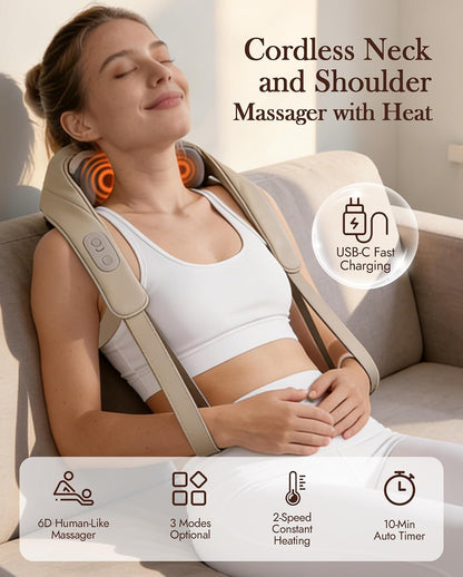 Neck Massager with Heat Cordless: Shiatsu Back Shoulder Massage Tools for Pain Relief Deep Tissue Electric 4D Kneading for Muscle Remedy Lymphatic Drainage Gifts for Men Women Mom Dad (Black)