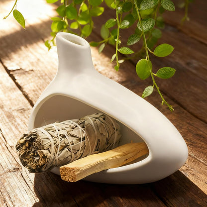 Palo Santo Holder, Ceramic Incense Burner for Sticks Sage Holders Cone Burning Smudge Bowl with Ash Brush for Meditation Yoga Spa Room Decor (White)