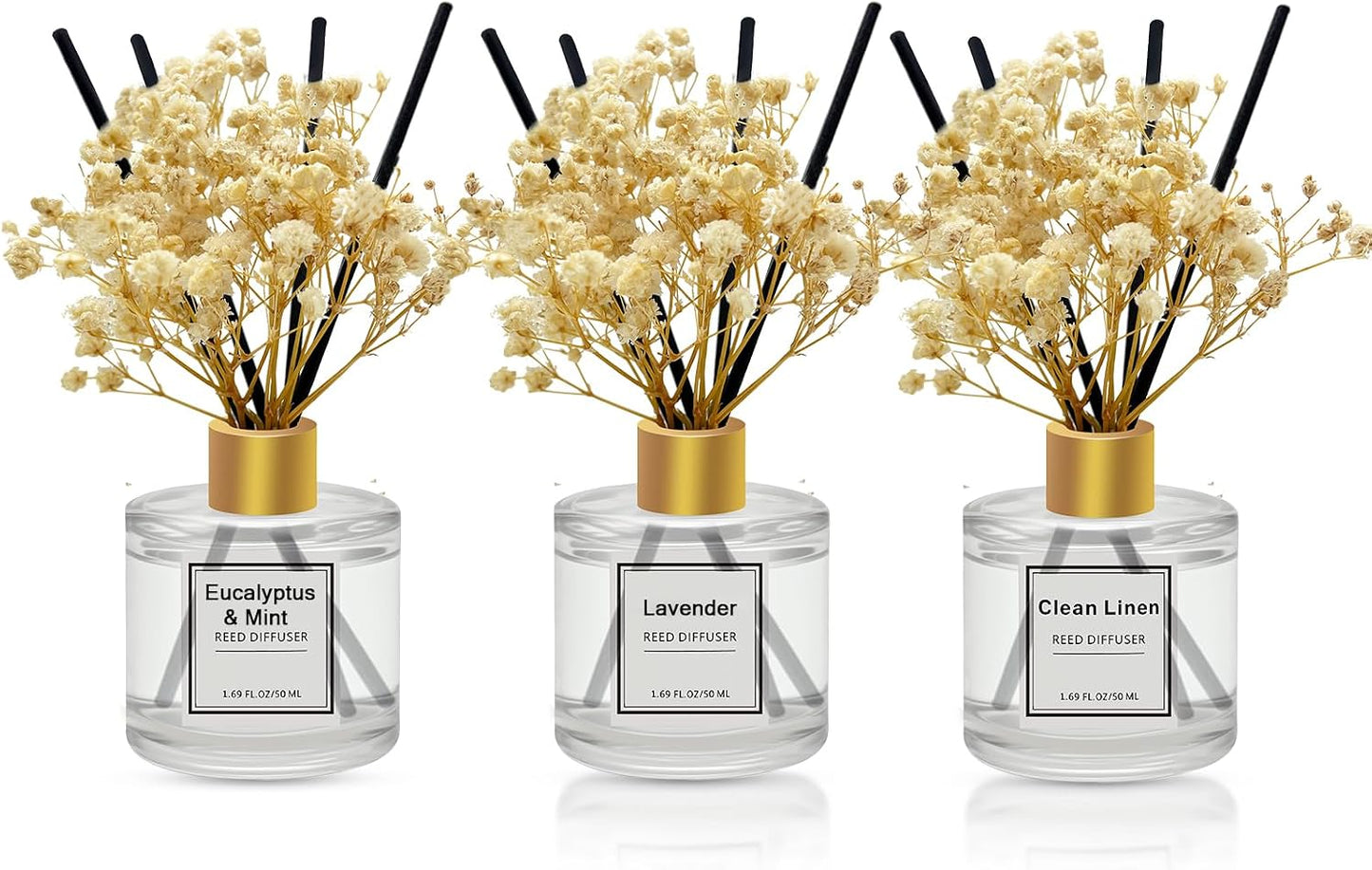 Reed Diffuser Set of 3 Pack,Clean Linen,Eucalyptus & Mint,Ocean Scented Oil Diffuser with 4 Sticks,Reed Diffusers for Home,Living Room,Bathroom Air Freshener Diffuser,50ml x 3