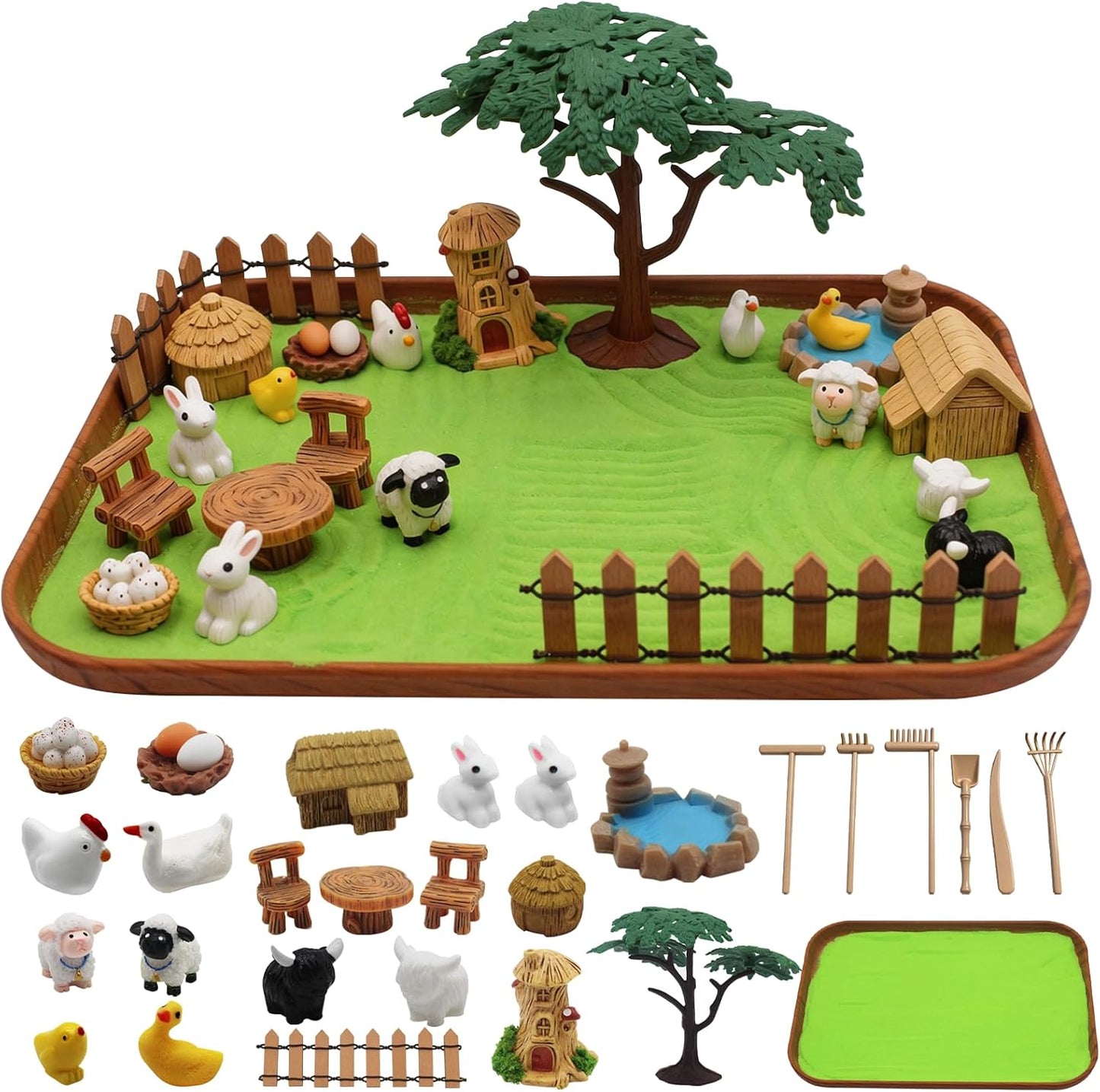 32 Pcs Zen Garden Kit for Desk, Mini Zen Sand Garden with Wooden Tray & Rake, Realistic Farm Animal & Figurines, Farmhouse Stress Relief Fidget Toy for Adults Home & Office, Mindfulness Gift