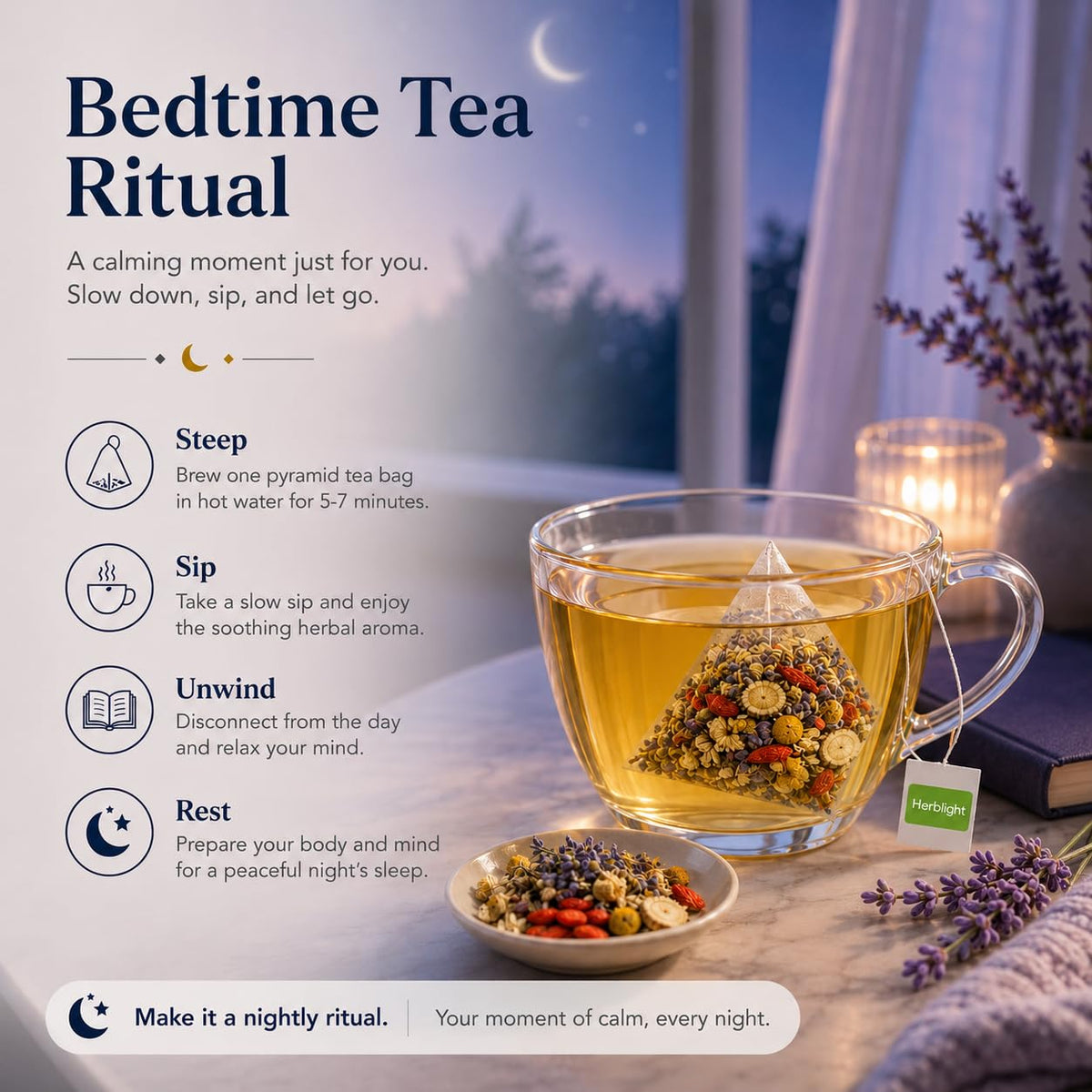 Herblight Sleep Tea with Valerian Root & Ashwagandha, Caffeine Free Bedtime Tea, Night Time Tea for Sleeping, Cortisol Calm Herbal Tea, Whole Leaf Pyramid Tea Bags, 25 Count