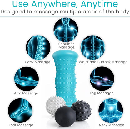 Vive Massage Ball Set (4 Piece) - Plantar Fasciitis Relief Foot Pain Hot Cold Therapy - Heel Spur, Sore Muscle, Trigger Point, Back, Arm, Neck, Shoulder, Leg Circulation Roller