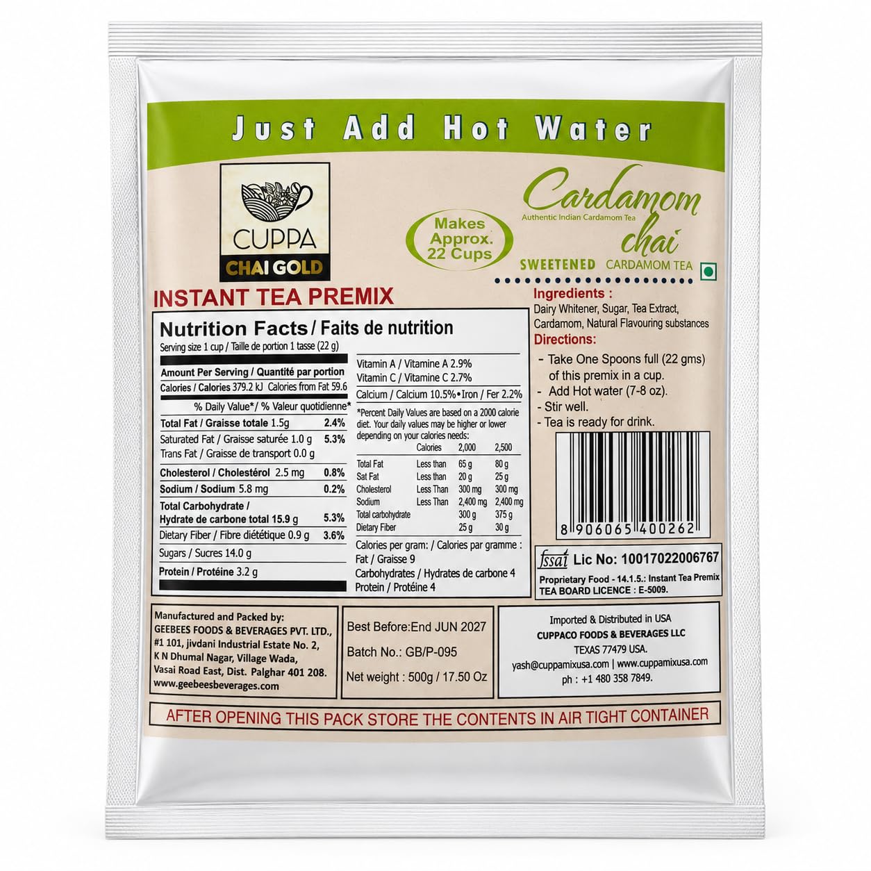 Chai Gold Instant Chai Tea Premix Powder - Sweetened Milk Tea Latte Mix for Home and Beverage Dispensers - [500g / 1.1 lb Bulk Bag] (Kadak)