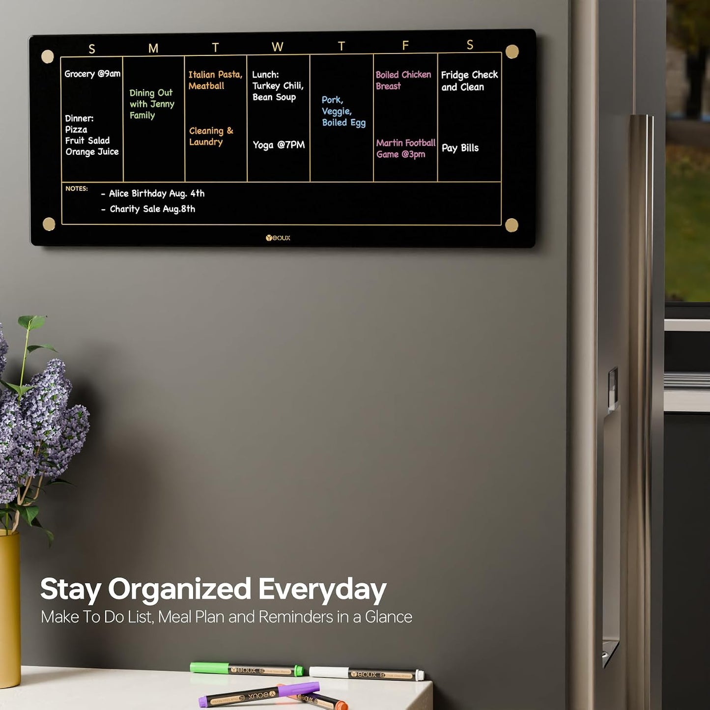 Yeoux Black Glass Golden Weekly & Menu Dry Erase Calendar Board 15“x11