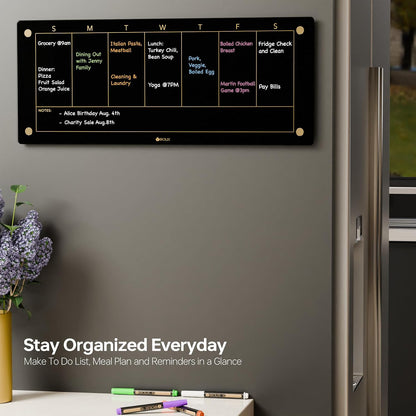 Yeoux Black Glass Golden Weekly & Menu Dry Erase Calendar Board 15“x11
