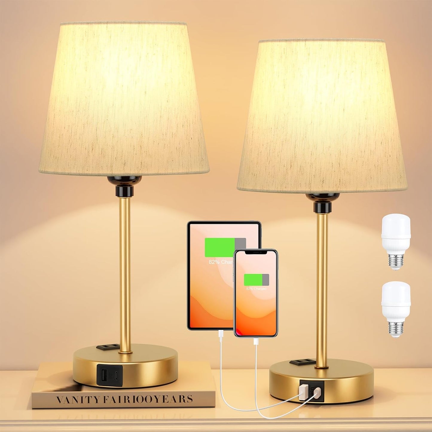 Mini Bedside Lamps for Bedrooms Set of 2 - Nightstand Bedroom Lamps with USB C Port and AC Outlet Charging, Dimmable Touch Small Bed Side Table Lamp, Black Night Stand Light for Kids/Guest Room