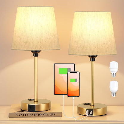 Mini Bedside Lamps for Bedrooms Set of 2 - Nightstand Bedroom Lamps with USB C Port and AC Outlet Charging, Dimmable Touch Small Bed Side Table Lamp, Black Night Stand Light for Kids/Guest Room
