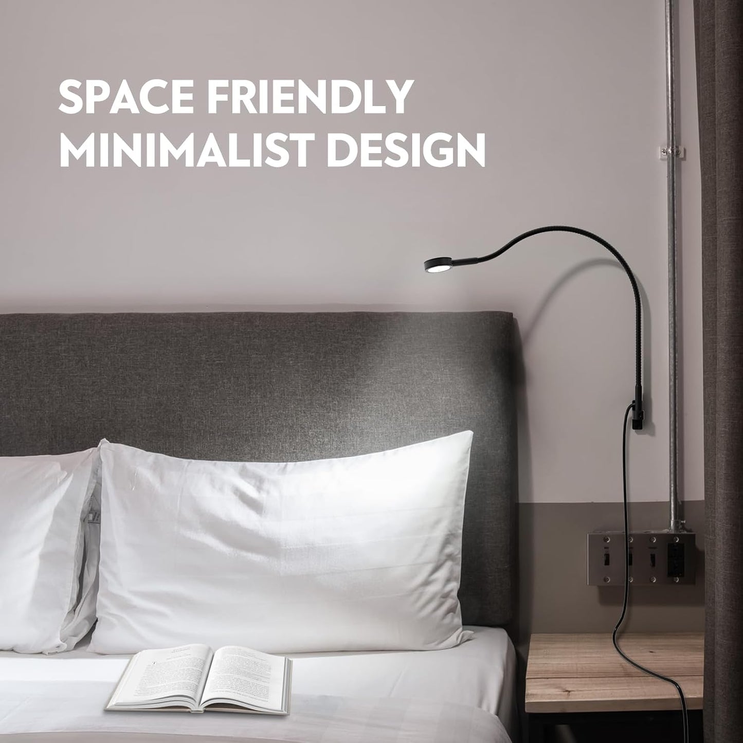 acegoo Wall Mounted Minimalist Bedside Reading Light, Wooden Headboard Mount Flexible Neck Book Light, Handy Lamp Head Switch, CRI 98+ 4000K LED, Powered by USB