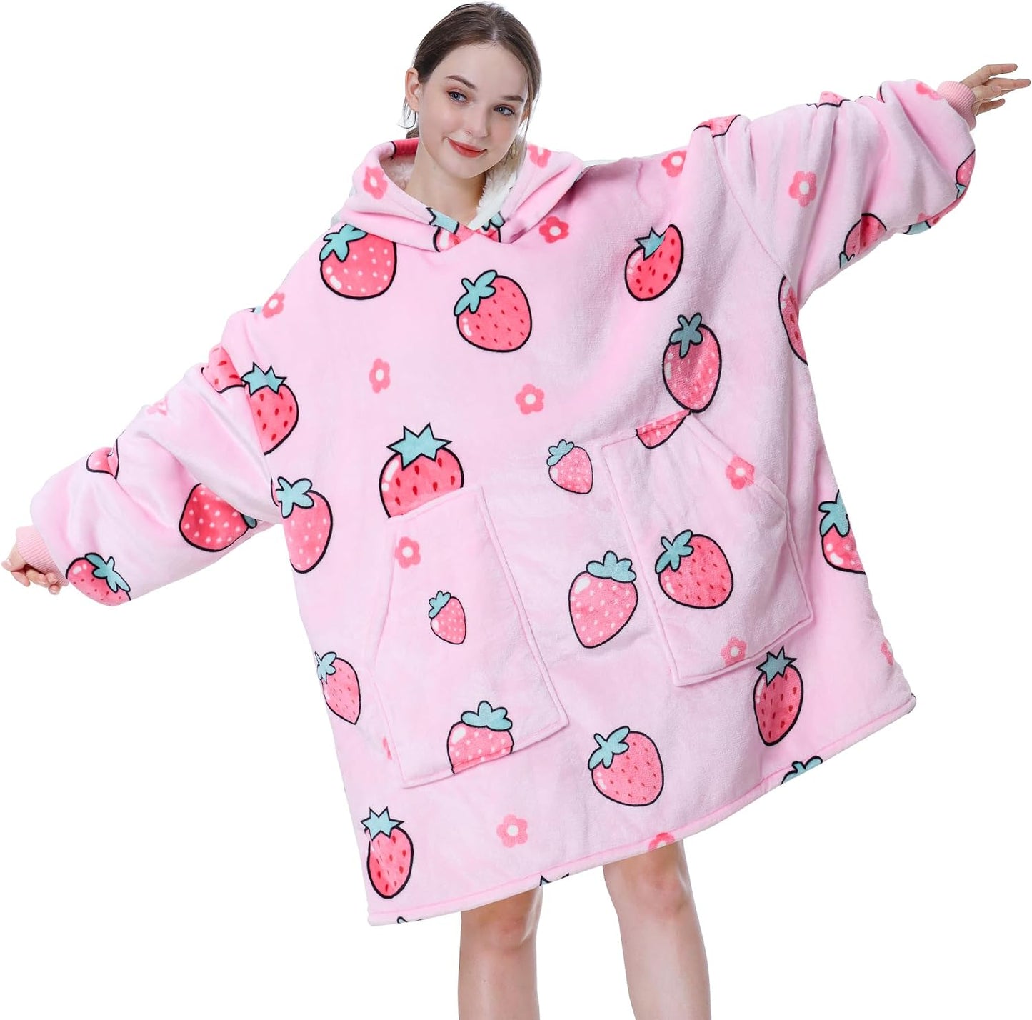 Aemicion Strawberry Blanket Hoodie,Oversized Sherpa Wearable Hooded Blanket,Warm Cozy Sweatshirt Gifts for Women Girls Adult