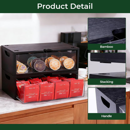 Bamboo Stackable Tea Bag Organizer, 2-Piece | Large Capacity, Box Set