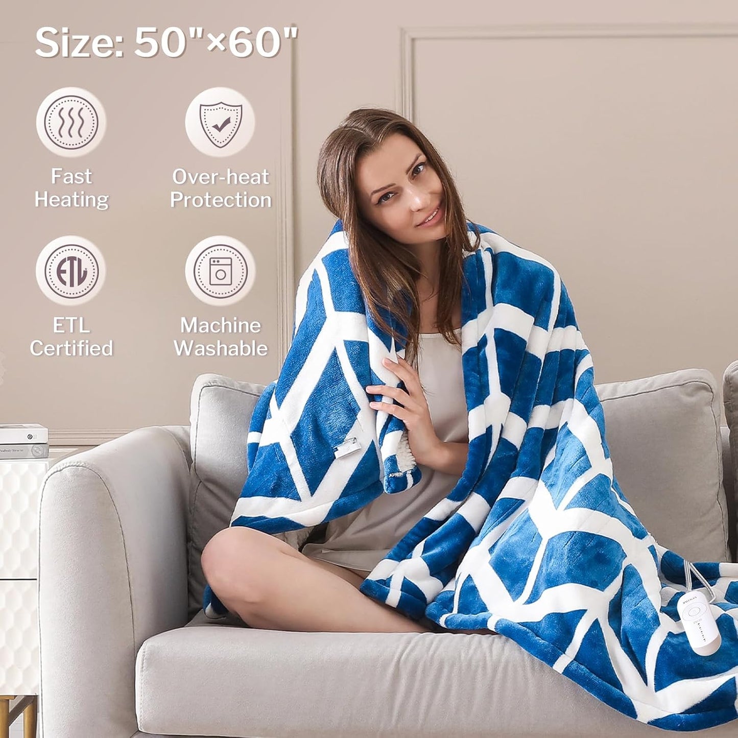 VENTIMI Electric Blanket Heated Throw, 50" x 60" Heated Blanket with 5 Heat Levels & 3 Hours Auto Off, Fast Heating Blankets with ETL & FCC Certification, Grey
