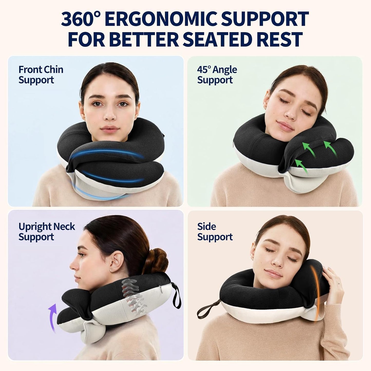 BUYUE Travel Neck Pillows for Airplanes, Memory Foam 360° Head Support Sleep for Long Flight, Skin-Friendly & Breathable, Kit with Eye Mask, Earplugs and Storage Bag (Adult, Grey, 90+ lbs)