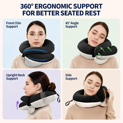 BUYUE Travel Neck Pillows for Airplanes, Memory Foam 360° Head Support Sleep for Long Flight, Skin-Friendly & Breathable, Kit with Eye Mask, Earplugs and Storage Bag (Adult, Grey, 90+ lbs)