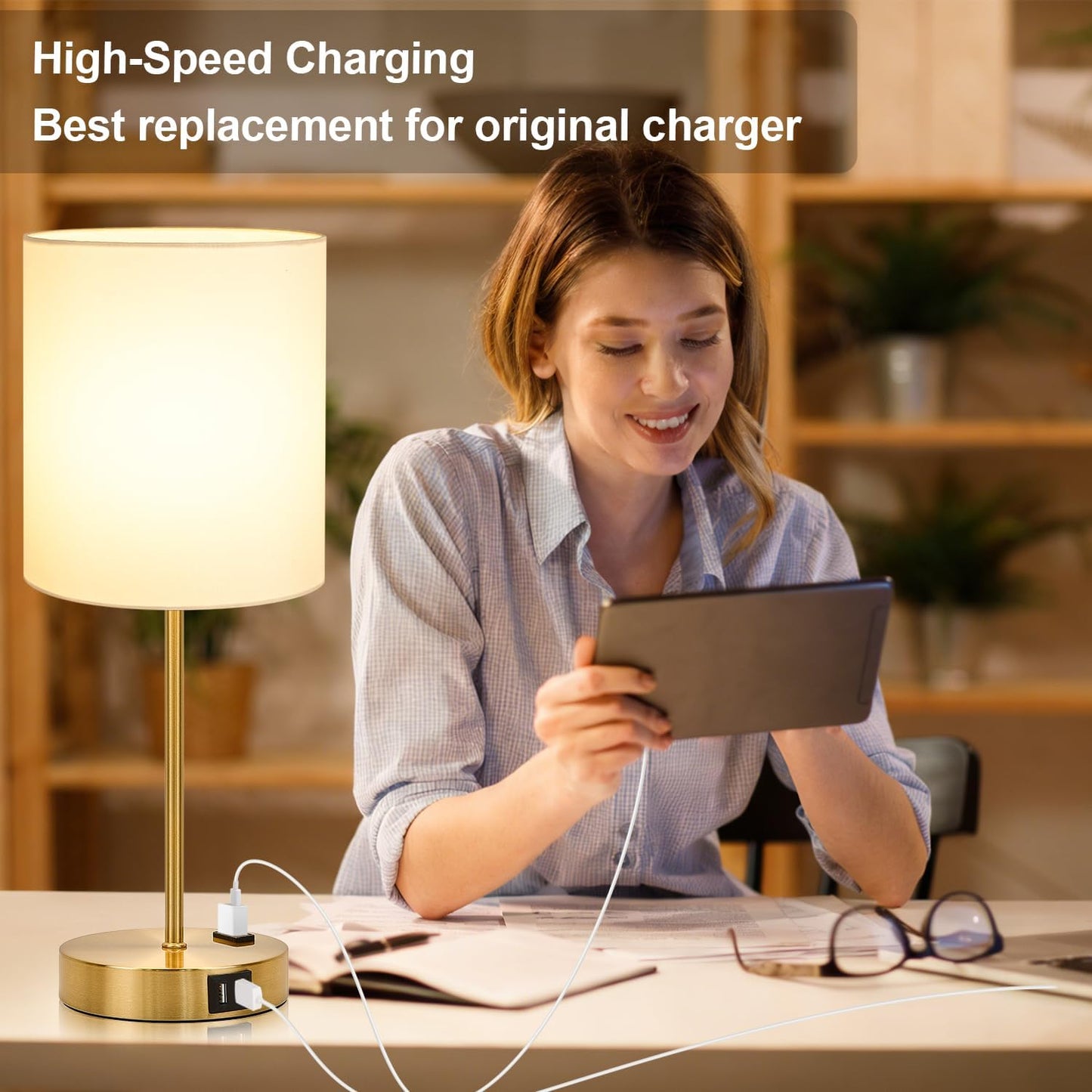Set of 2 Touch Control Table Lamps with 2 USB & AC Outlet, 3-Way Dimmable Bedside Nightstand Lamps for Bedroom Living Room Nursery, 800 Lumens 5000K Daylight Bulbs Included