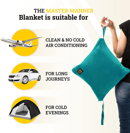 Travel Blanket Airplane Compact with Hoodie – 2in1 Airplane Travel Accessories from Plane Blanket to Travel Pillow with Luggage Strap, Soft Handle & Secure Pocket