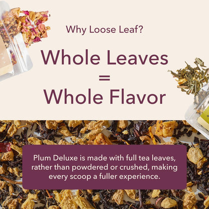 Loose Leaf Tea Sampler – 5 Caffeinated Blends Including Creme Brulee Earl Grey, Peach Oolong, Citrus Mint, Pecan and Floral Black – 75 to 100 Cups – Handcrafted in USA – Plum Deluxe